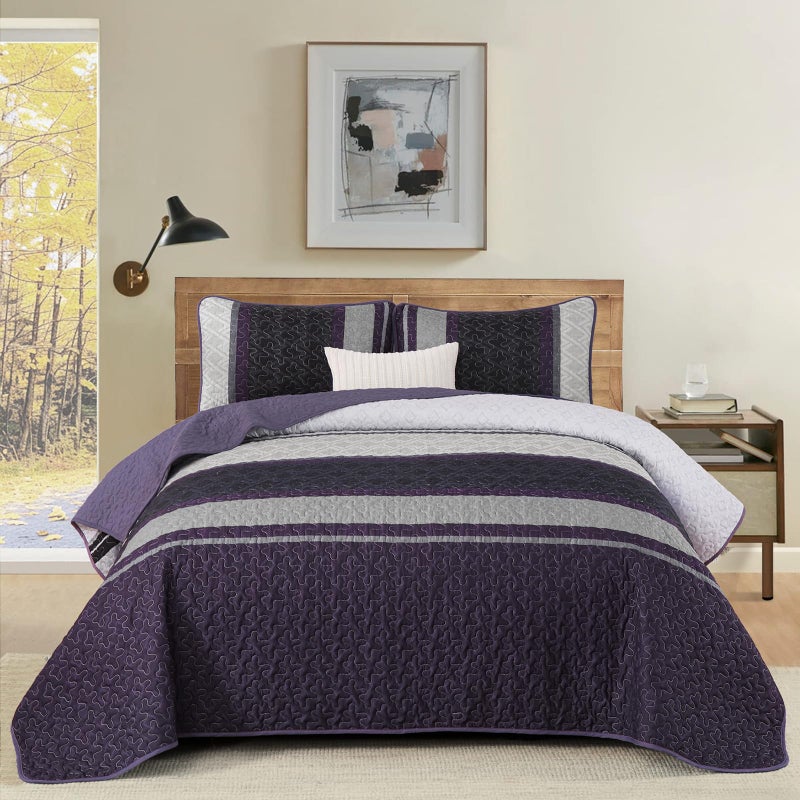 Dinjoy King Size Quilt Set Boho, Soft 3 Pieces Striped Bedspreads Fall Quilts Dark Purple Bedding Sets Boho Lightweight Quilted Coverlets Set Bed for All Seasons 110"x90" - Image 2
