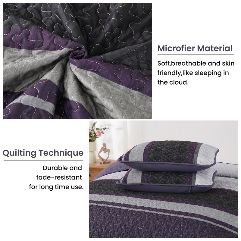 Dinjoy King Size Quilt Set Boho, Soft 3 Pieces Striped Bedspreads Fall Quilts Dark Purple Bedding Sets Boho Lightweight Quilted Coverlets Set Bed for All Seasons 110"x90" - Image 5