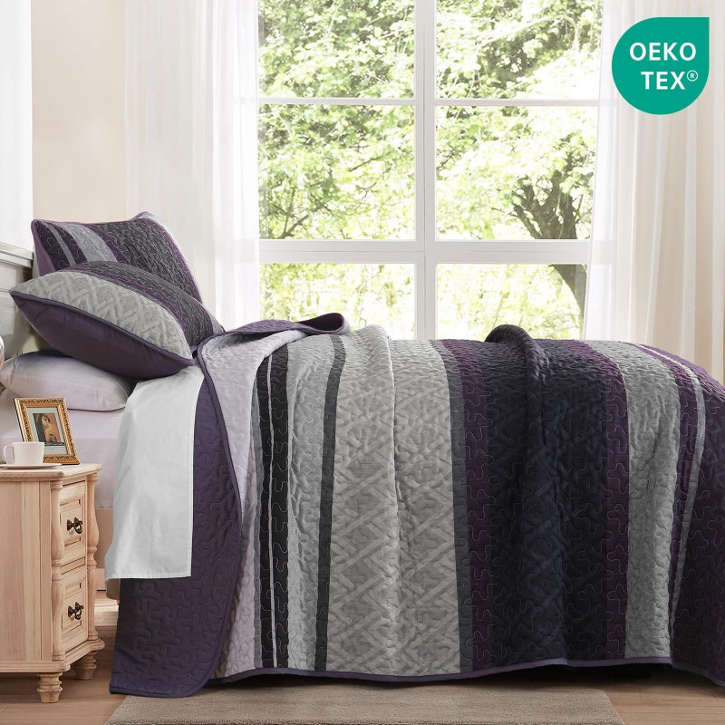 Dinjoy King Size Quilt Set Boho, Soft 3 Pieces Striped Bedspreads Fall Quilts Dark Purple Bedding Sets Boho Lightweight Quilted Coverlets Set Bed for All Seasons 110"x90" - Image 3
