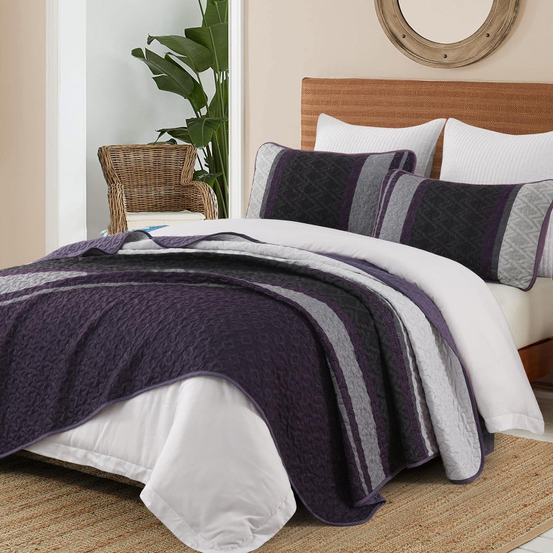 Dinjoy King Size Quilt Set Boho, Soft 3 Pieces Striped Bedspreads Fall Quilts Dark Purple Bedding Sets Boho Lightweight Quilted Coverlets Set Bed for All Seasons 110"x90" - Image 4