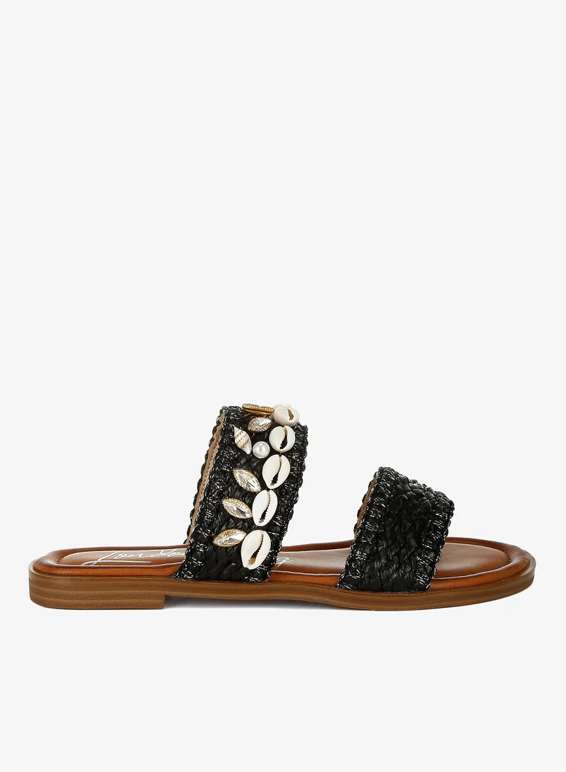 Shell & Diamante Slip On Sandals in Black