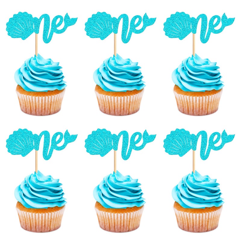 Ercadio 24Pcs Ocean Theme Cupcake Toppers Glitter Blue One Cake Decoration Picks Blue Shell Mermaid Tail for Ocean Theme Baby Shower Kids Birthday Party Cake Decoration Supplies - Image 1