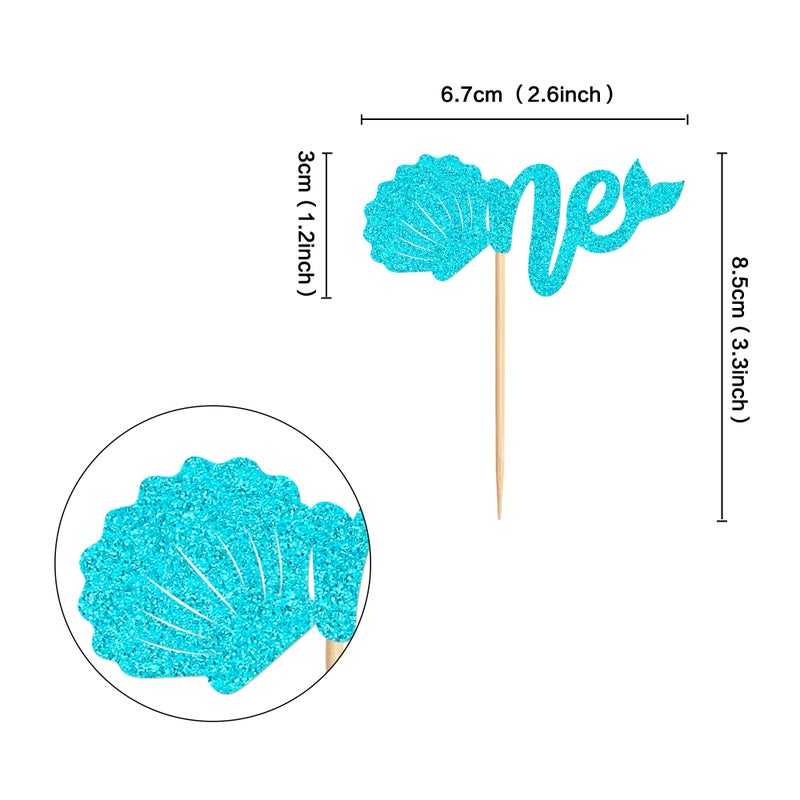Ercadio 24Pcs Ocean Theme Cupcake Toppers Glitter Blue One Cake Decoration Picks Blue Shell Mermaid Tail for Ocean Theme Baby Shower Kids Birthday Party Cake Decoration Supplies - Image 2
