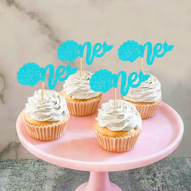 Ercadio 24Pcs Ocean Theme Cupcake Toppers Glitter Blue One Cake Decoration Picks Blue Shell Mermaid Tail for Ocean Theme Baby Shower Kids Birthday Party Cake Decoration Supplies - Image 3