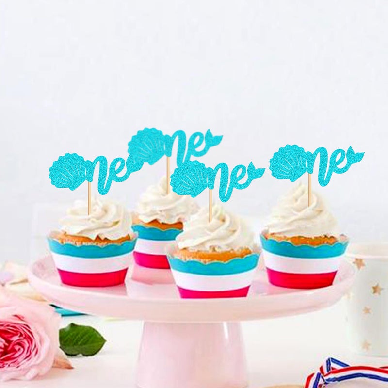 Ercadio 24Pcs Ocean Theme Cupcake Toppers Glitter Blue One Cake Decoration Picks Blue Shell Mermaid Tail for Ocean Theme Baby Shower Kids Birthday Party Cake Decoration Supplies - Image 4