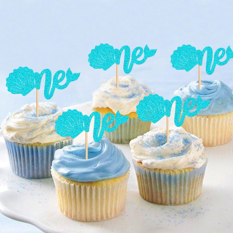 Ercadio 24Pcs Ocean Theme Cupcake Toppers Glitter Blue One Cake Decoration Picks Blue Shell Mermaid Tail for Ocean Theme Baby Shower Kids Birthday Party Cake Decoration Supplies - Image 5