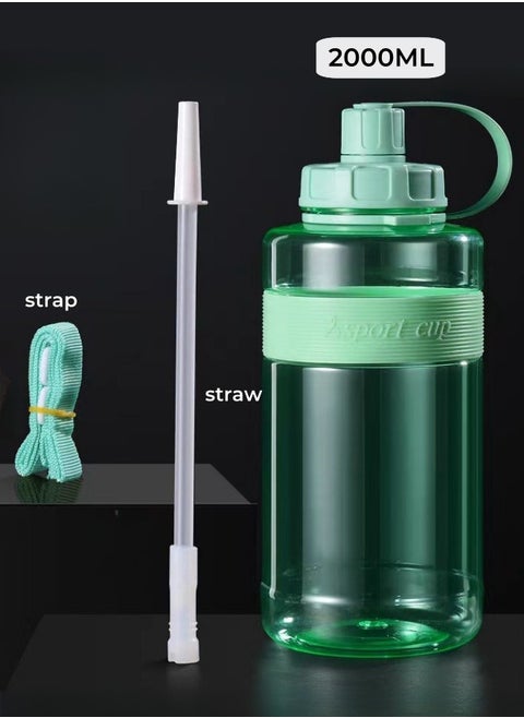 Large Capacity Sports Water Kettle Outdoor with Strap, Straw, High Temperature Resistance, Anti-fall, 2000ML - Green