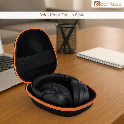 BonKaso Headphone Carrying Case – Hard Shell Vinyl Protective Case Compatible with Boat Rockerz 550, Sony WH-CH510/CH710N, HyperX Cloud | Portable Earpads Storage Pouch – Black & Orange - Image 2