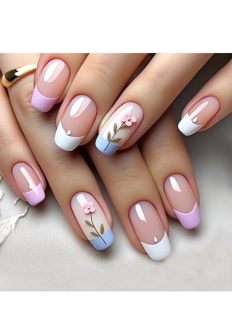 مجموعة أظافر جيلي جيل 24 قطعة مربعة، تصميم فرينش تِيب مزخرف بالزهور باللونين الوردي والبنفسجي للنساء والفتيات، يشمل ملف أظافر، مناديل تنظيف، عصا خشبية - Image 1