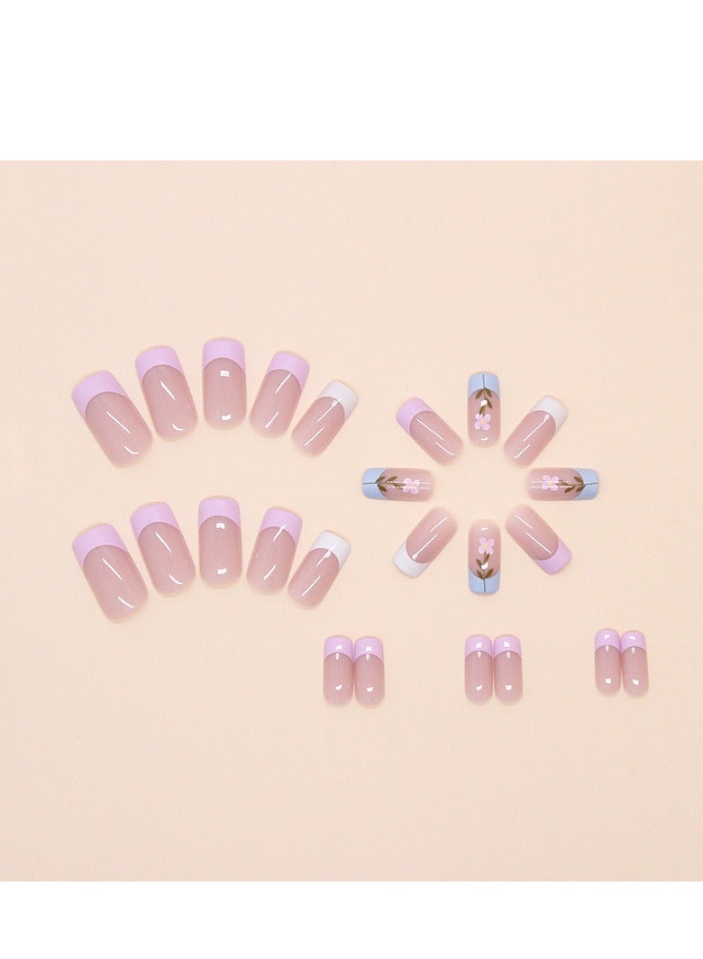 مجموعة أظافر جيلي جيل 24 قطعة مربعة، تصميم فرينش تِيب مزخرف بالزهور باللونين الوردي والبنفسجي للنساء والفتيات، يشمل ملف أظافر، مناديل تنظيف، عصا خشبية - Image 3