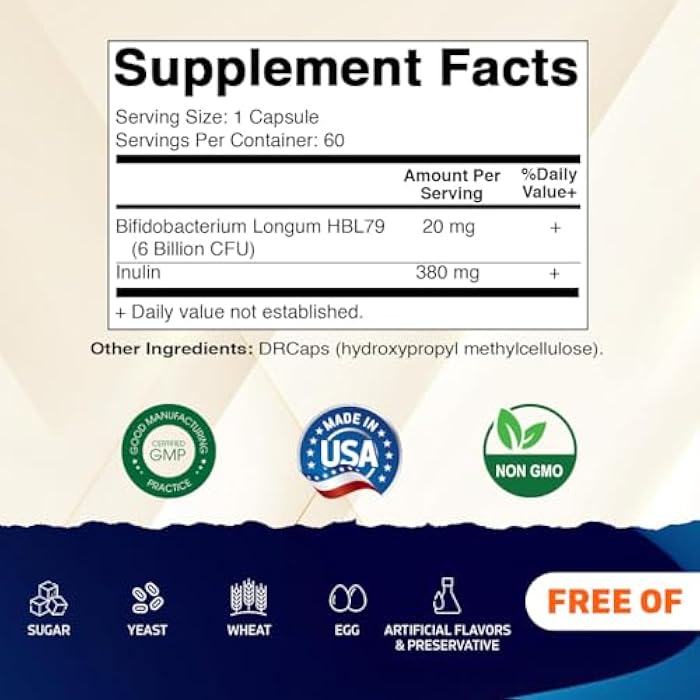 Vitamatic Bifidobacterium Longum 6 Billion CFU per DR Capsule - 60 Count - Promotes Intestinal Health - Made with Prebiotic Inulin Fiber - Image 2