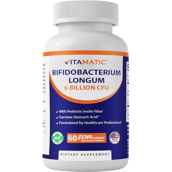 Vitamatic Bifidobacterium Longum 6 Billion CFU per DR Capsule - 60 Count - Promotes Intestinal Health - Made with Prebiotic Inulin Fiber - Image 1