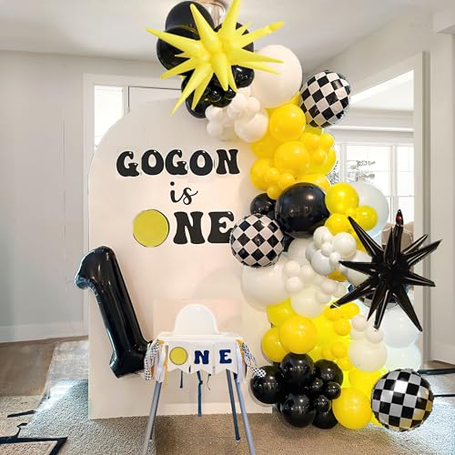 besttideyes One Happy Dude Balloon Arch Garland Kit 126Pcs 18 12 10 5 Yellow Black Balloons with Checkered Foil Balloons for One Happy Dude Birthday Decorations Baby Shower Boys 1st Birthday Party Supplies - Image 1