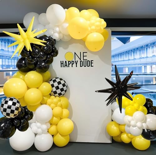 besttideyes One Happy Dude Balloon Arch Garland Kit 126Pcs 18 12 10 5 Yellow Black Balloons with Checkered Foil Balloons for One Happy Dude Birthday Decorations Baby Shower Boys 1st Birthday Party Supplies - Image 5