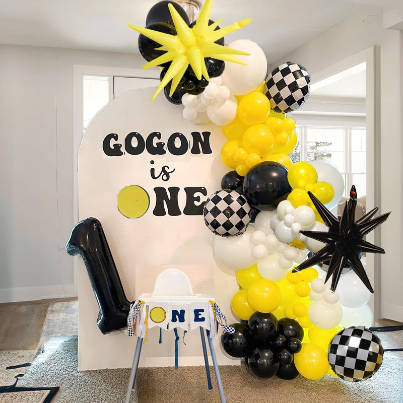 besttideyes One Happy Dude Balloon Arch Garland Kit 126Pcs 18 12 10 5 Yellow Black Balloons with Checkered Foil Balloons for One Happy Dude Birthday Decorations Baby Shower Boys 1st Birthday Party Supplies - Image 3
