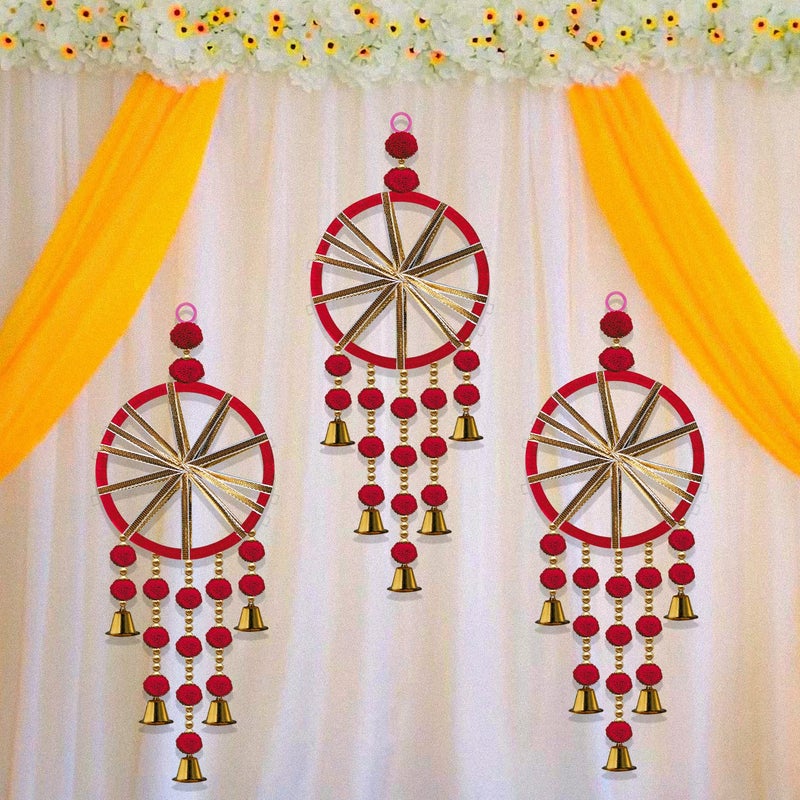 Rajasthan Kraft Rajasthan Kraft Handmade Woollen Ring Wall Door Hanging Backdrop DecorationOffice Home Diwali Decoration Door Entrance Decoration Size 165 inch Pack of 10 Colour Red RK3460310  - Image 2