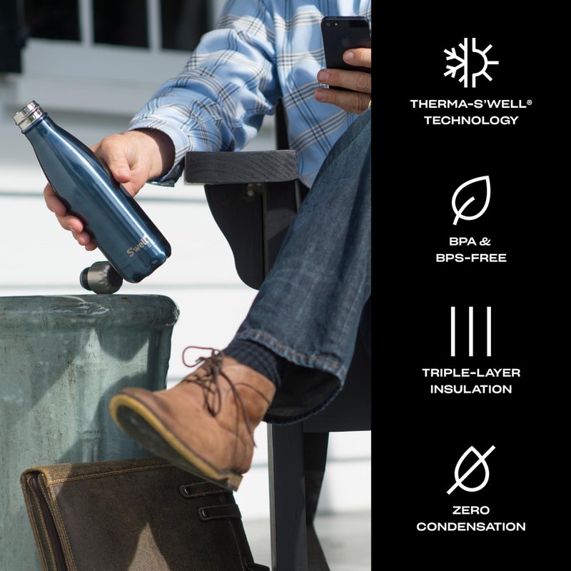 S'well زجاجة مياه س'ويل من الفولاذ المقاوم للصدأ، 17 أونصة، جلد أزرق، حاويات معزولة فراغياً ثلاثية الطبقات تحافظ على المشروبات باردة لمدة 36 ساعة وساخنة لمدة 18، خالية من BPA، مثالية أثناء التنقل - Image 4