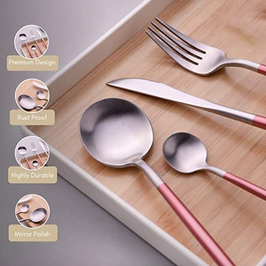 Kolorful 4 Piece Premium Silver Plated 304 Stainless Steel Steak Knife Fork Spoon Teaspoons Mirror Finish Flatware Tableware Dinnerware Cutlery Set Pink - Image 5