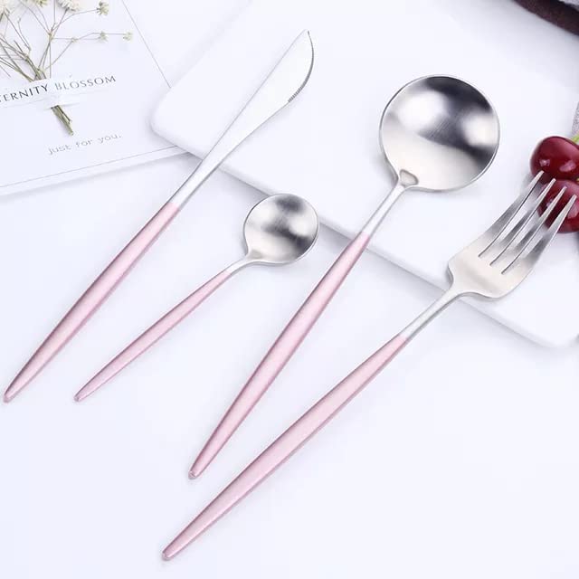 Kolorful 4 Piece Premium Silver Plated 304 Stainless Steel Steak Knife Fork Spoon Teaspoons Mirror Finish Flatware Tableware Dinnerware Cutlery Set Pink - Image 1
