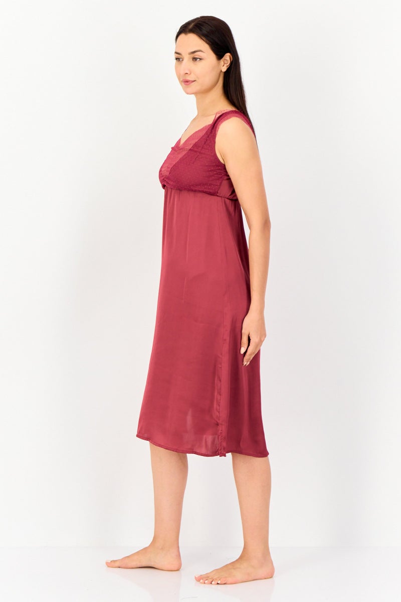zivame Women V-Neck Textured Sleeveless Sleeping Dress, Maroon - Image 2