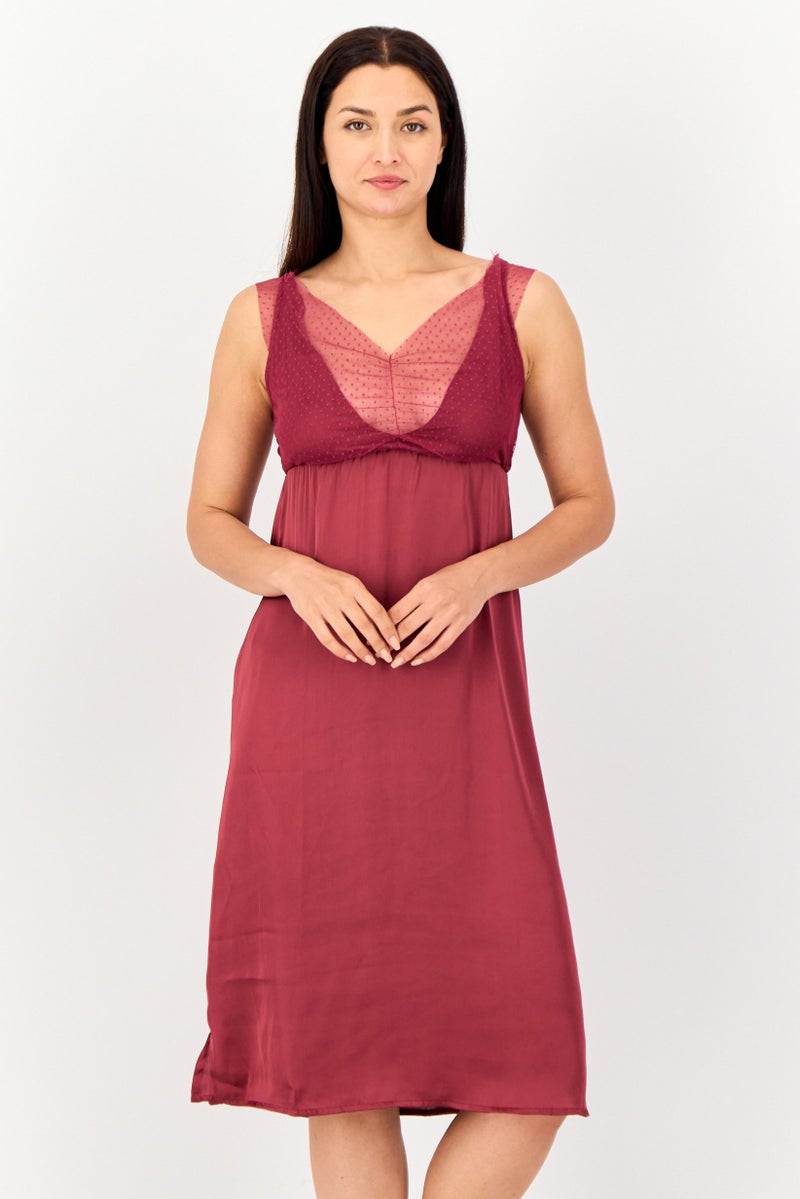zivame Women V-Neck Textured Sleeveless Sleeping Dress, Maroon - Image 1