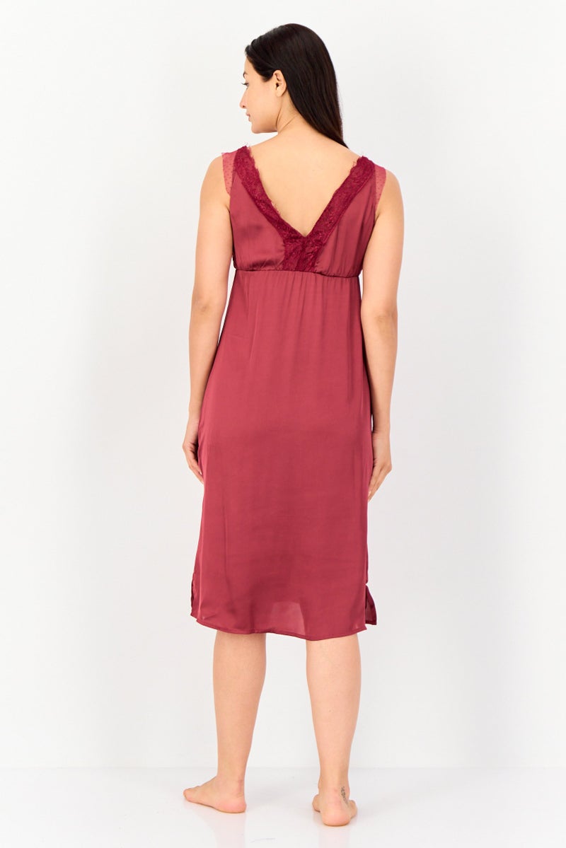 zivame Women V-Neck Textured Sleeveless Sleeping Dress, Maroon - Image 3
