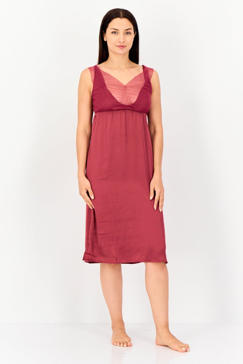 zivame Women V-Neck Textured Sleeveless Sleeping Dress, Maroon - Image 4