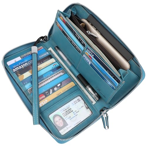 Lavemi Women's RFID Blocking 100% Leather Large Capacity Zip Around Wallet Phone Holder Clutch Travel Purse Wristlet(Large Size Vintage Light Green) - Image 2