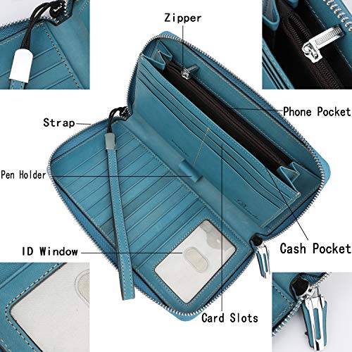 Lavemi Women's RFID Blocking 100% Leather Large Capacity Zip Around Wallet Phone Holder Clutch Travel Purse Wristlet(Large Size Vintage Light Green) - Image 4