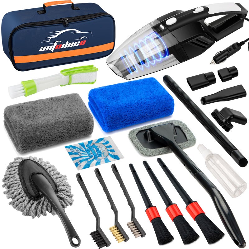 AUTODECO 20Pcs Car Cleaning Wash Kit Interior Detailing Cleaner Kit with High Power Handheld Vacuum Brush Set Windshield Tool Duster Towels Complete Car Care Tools Blue
