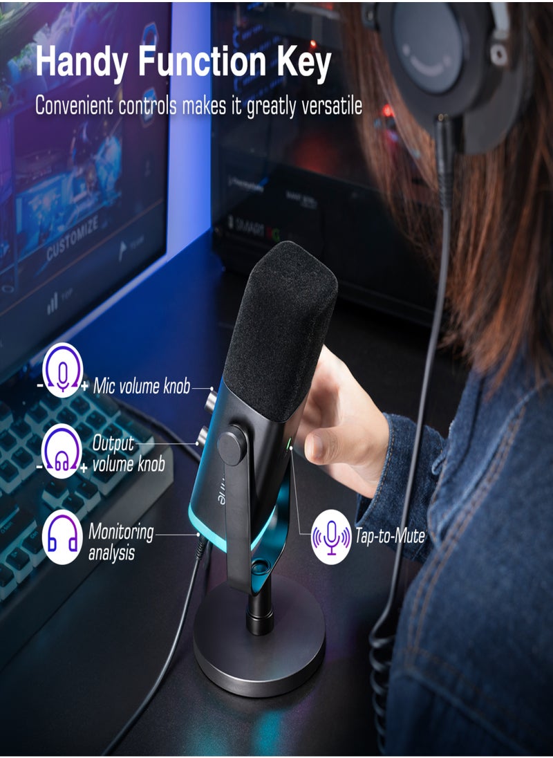 فيفين - ميكروفون امبليجيم AM8 الديناميكي لتسجيل المدونات الصوتية من فيفين، بث العاب مع ضوء RGB وموصلات XLR-USB وزر كتم الصوت ومقبس سماعات راس وحامل لسطح المكتب، صوتي للغناء واليوتيوب، أسود، أحادي الاتجاه - Image 1