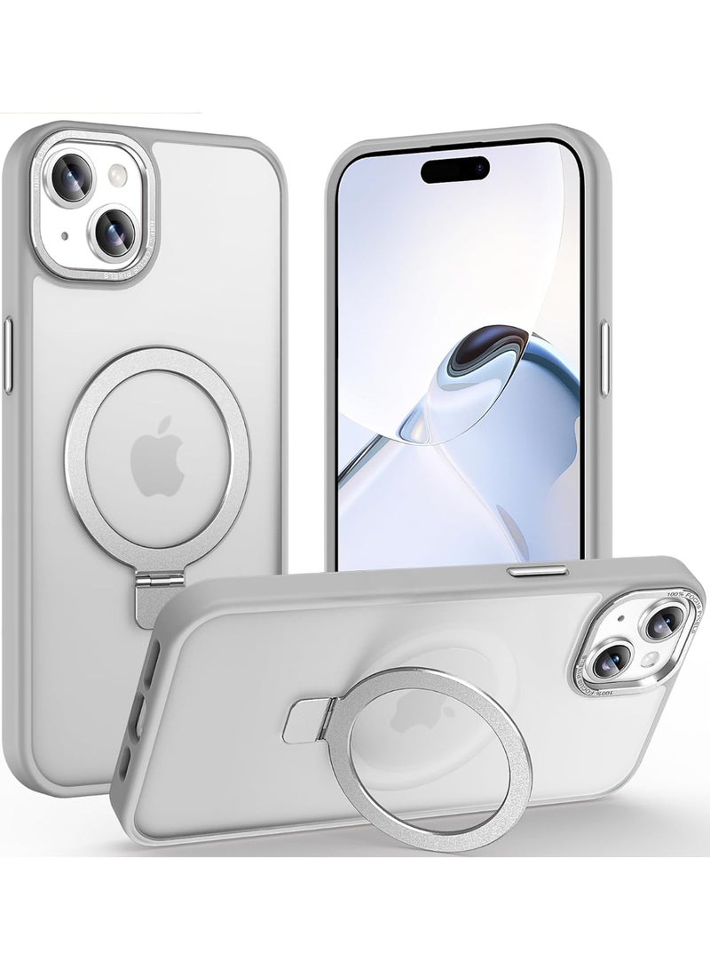 جراب مغناطيسي لهاتف iPhone 15 Plus مع حامل حلقي، [حماية من السقوط من ارتفاع 10 أقدام] [ملمس مخملي] جراب هاتف نحيف شفاف غير لامع مقاوم للصدمات لهاتف iPhone 15 Plus مقاس 6.7 بوصة، (رمادي) - Image 1