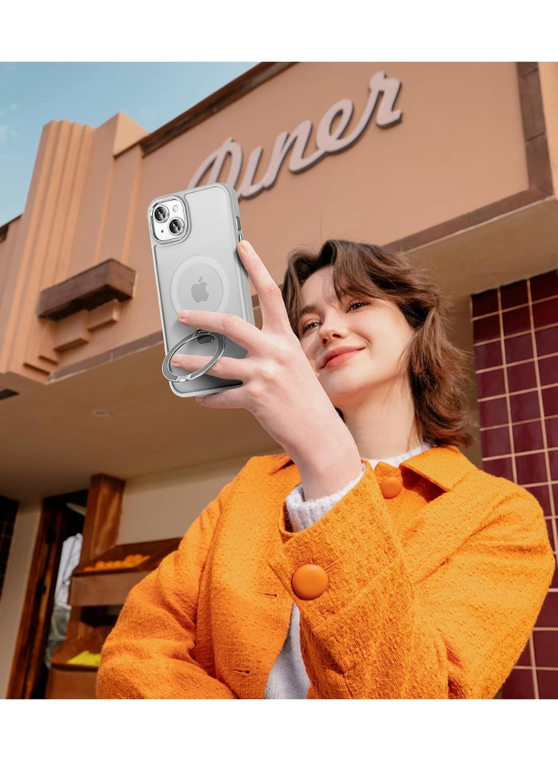 جراب مغناطيسي لهاتف iPhone 15 Plus مع حامل حلقي، [حماية من السقوط من ارتفاع 10 أقدام] [ملمس مخملي] جراب هاتف نحيف شفاف غير لامع مقاوم للصدمات لهاتف iPhone 15 Plus مقاس 6.7 بوصة، (رمادي) - Image 4