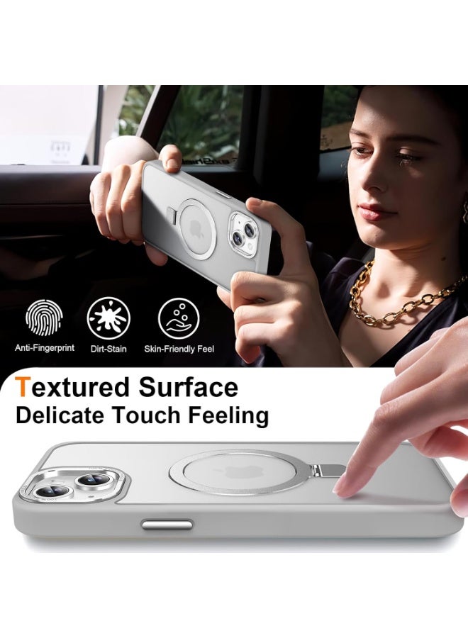 جراب مغناطيسي لهاتف iPhone 15 Plus مع حامل حلقي، [حماية من السقوط من ارتفاع 10 أقدام] [ملمس مخملي] جراب هاتف نحيف شفاف غير لامع مقاوم للصدمات لهاتف iPhone 15 Plus مقاس 6.7 بوصة، (رمادي) - Image 2