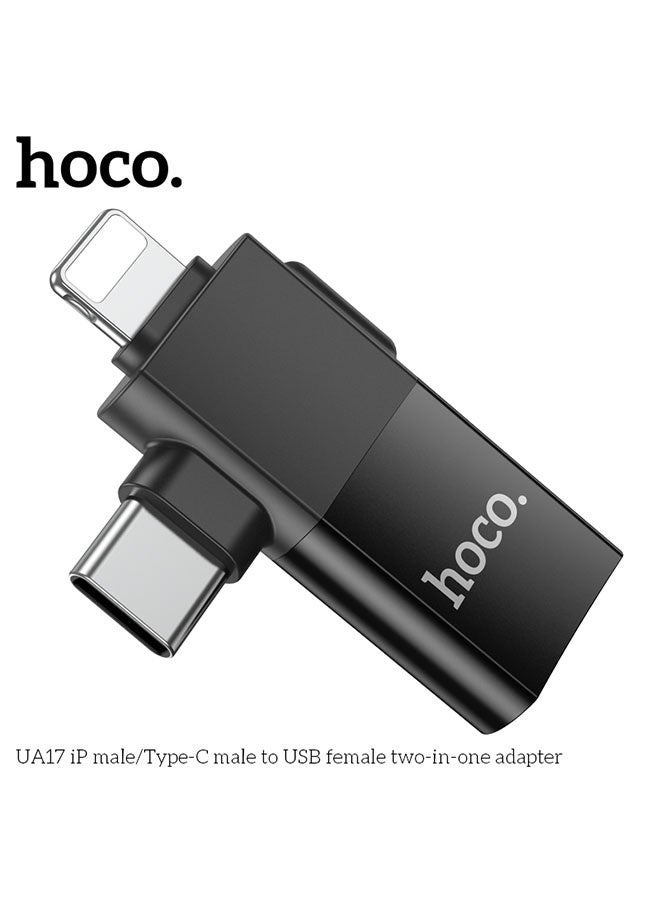 hoco. UA17 2-in-1 iP Male and Type-C Male to USB Female Adapter – Dual Interface OTG Converter for Flash Drives, Keyboards, Mice, and More – Fast Data Transfer & Charging – Compact Plug & Play USB Adapter for Smartphones, Tablets, and Laptops  - Image 2