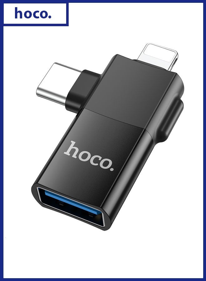 hoco. UA17 2-in-1 iP Male and Type-C Male to USB Female Adapter – Dual Interface OTG Converter for Flash Drives, Keyboards, Mice, and More – Fast Data Transfer & Charging – Compact Plug & Play USB Adapter for Smartphones, Tablets, and Laptops  - Image 1
