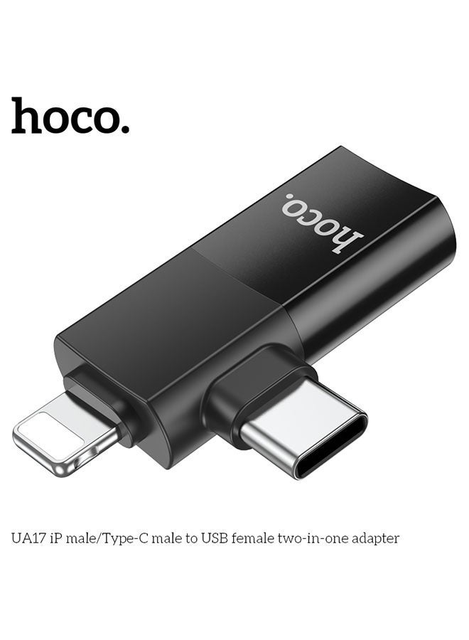 hoco. UA17 2-in-1 iP Male and Type-C Male to USB Female Adapter – Dual Interface OTG Converter for Flash Drives, Keyboards, Mice, and More – Fast Data Transfer & Charging – Compact Plug & Play USB Adapter for Smartphones, Tablets, and Laptops  - Image 3