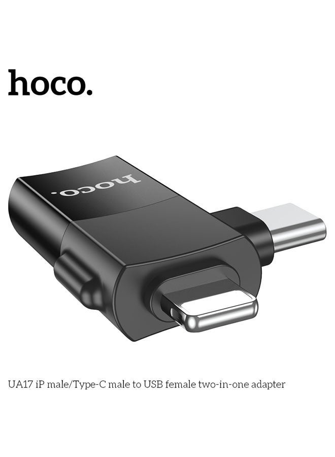 hoco. UA17 2-in-1 iP Male and Type-C Male to USB Female Adapter – Dual Interface OTG Converter for Flash Drives, Keyboards, Mice, and More – Fast Data Transfer & Charging – Compact Plug & Play USB Adapter for Smartphones, Tablets, and Laptops  - Image 4