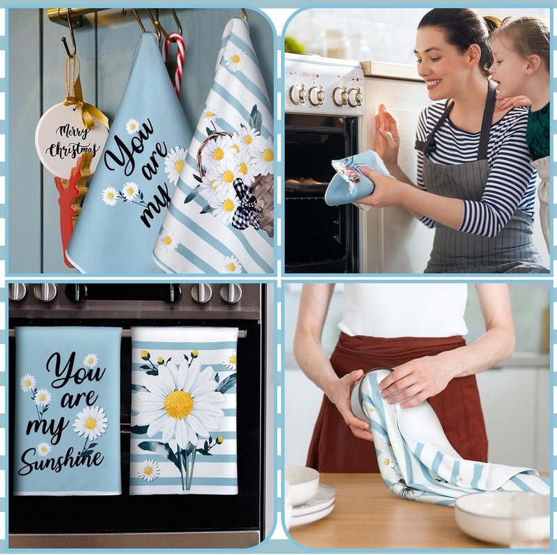 Boyiee Set of 6 Daisy Flower Kitchen Towels Daisy Stripes Tea Towels Floral Absorbent Dishtowels 24 x 16 Inches Housewarming Gifts Blue Hand Wash Cloth for Farmhouse Kitchen Bathroom Decorations - Image 5