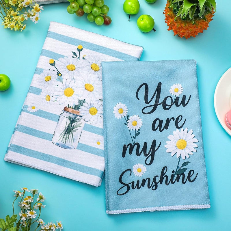 Boyiee Set of 6 Daisy Flower Kitchen Towels Daisy Stripes Tea Towels Floral Absorbent Dishtowels 24 x 16 Inches Housewarming Gifts Blue Hand Wash Cloth for Farmhouse Kitchen Bathroom Decorations - Image 3
