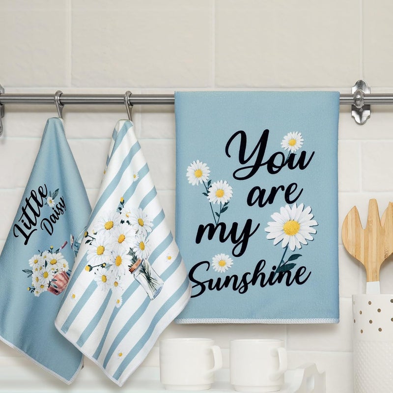 Boyiee Set of 6 Daisy Flower Kitchen Towels Daisy Stripes Tea Towels Floral Absorbent Dishtowels 24 x 16 Inches Housewarming Gifts Blue Hand Wash Cloth for Farmhouse Kitchen Bathroom Decorations - Image 2