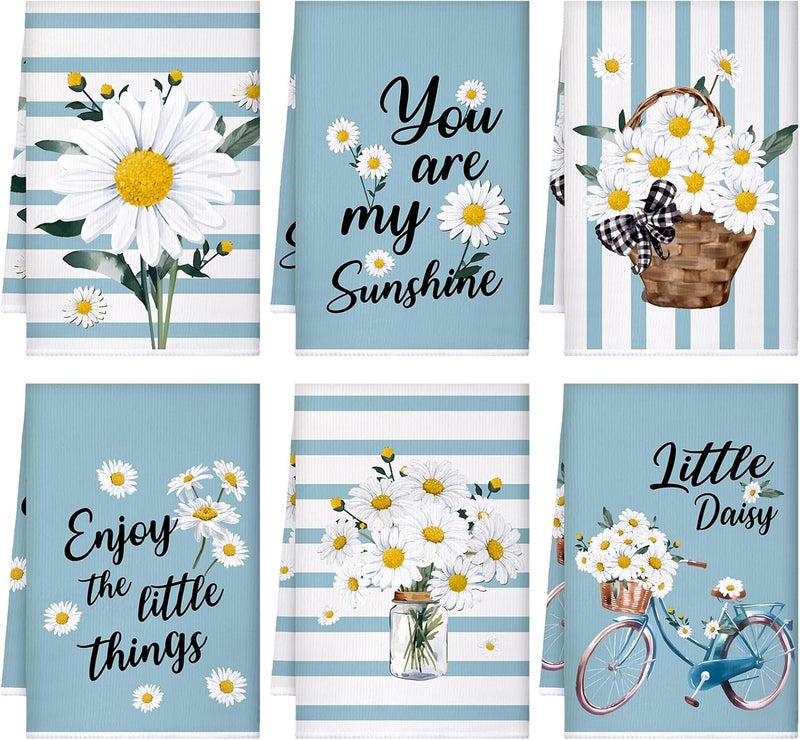 Boyiee Set of 6 Daisy Flower Kitchen Towels Daisy Stripes Tea Towels Floral Absorbent Dishtowels 24 x 16 Inches Housewarming Gifts Blue Hand Wash Cloth for Farmhouse Kitchen Bathroom Decorations - Image 1