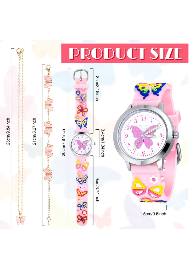 Zikra ساعة أنالوج للأطفال للفتيات ساعة فراشة جميلة مع سوار قلادة فراشة وسوار ثلاثي الأبعاد من السيليكون للأطفال الفتيات مع أرقام سهلة القراءة وسهام لهدايا عيد الميلاد - Image 3