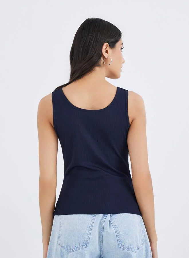 Take Two Take Two Solid Round Neck Buttoned Sleeveless Top