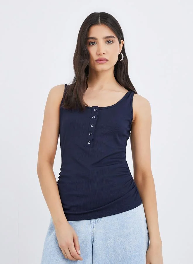 Take Two Take Two Solid Round Neck Buttoned Sleeveless Top