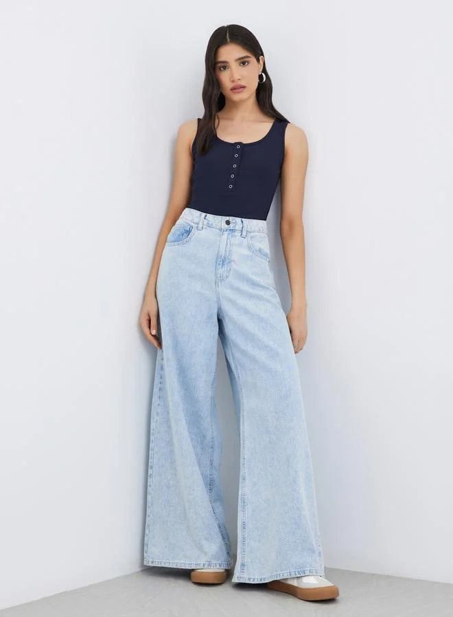 Take Two Solid Round Neck Buttoned Sleeveless Top