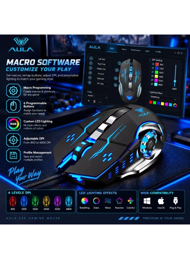 AULA S20 Gaming Mouse, 4800 DPI Wired USB Optical Mouse, 6 Programmable Buttons, Macro Software, Adjustable DPI & LED Lighting (Black) - Image 5