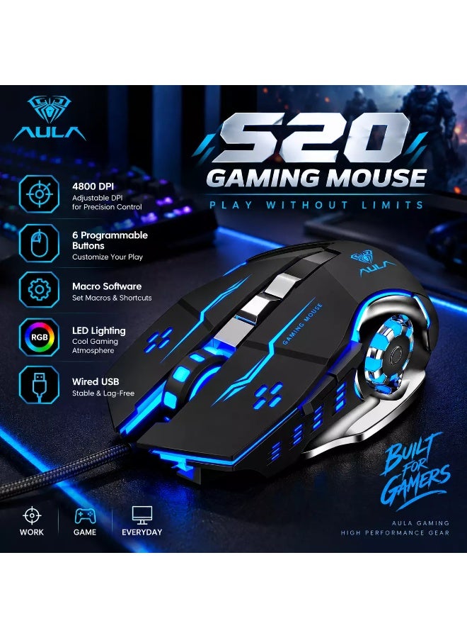 AULA S20 Gaming Mouse, 4800 DPI Wired USB Optical Mouse, 6 Programmable Buttons, Macro Software, Adjustable DPI & LED Lighting (Black) - Image 3