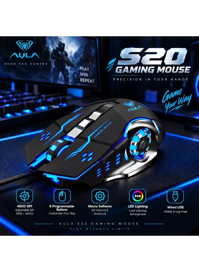 AULA S20 Gaming Mouse, 4800 DPI Wired USB Optical Mouse, 6 Programmable Buttons, Macro Software, Adjustable DPI & LED Lighting (Black) - Image 2