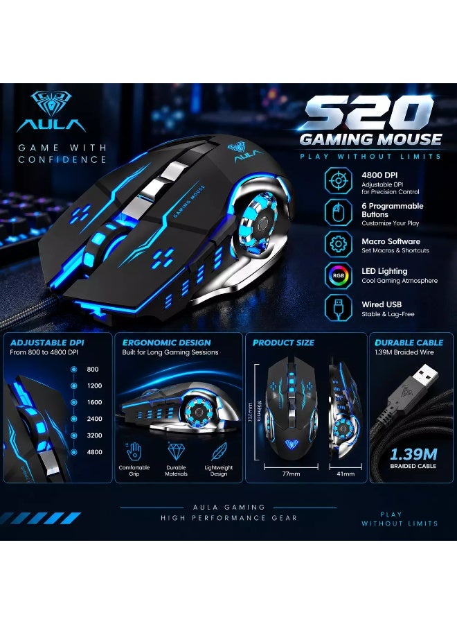 AULA S20 Gaming Mouse, 4800 DPI Wired USB Optical Mouse, 6 Programmable Buttons, Macro Software, Adjustable DPI & LED Lighting (Black) - Image 4
